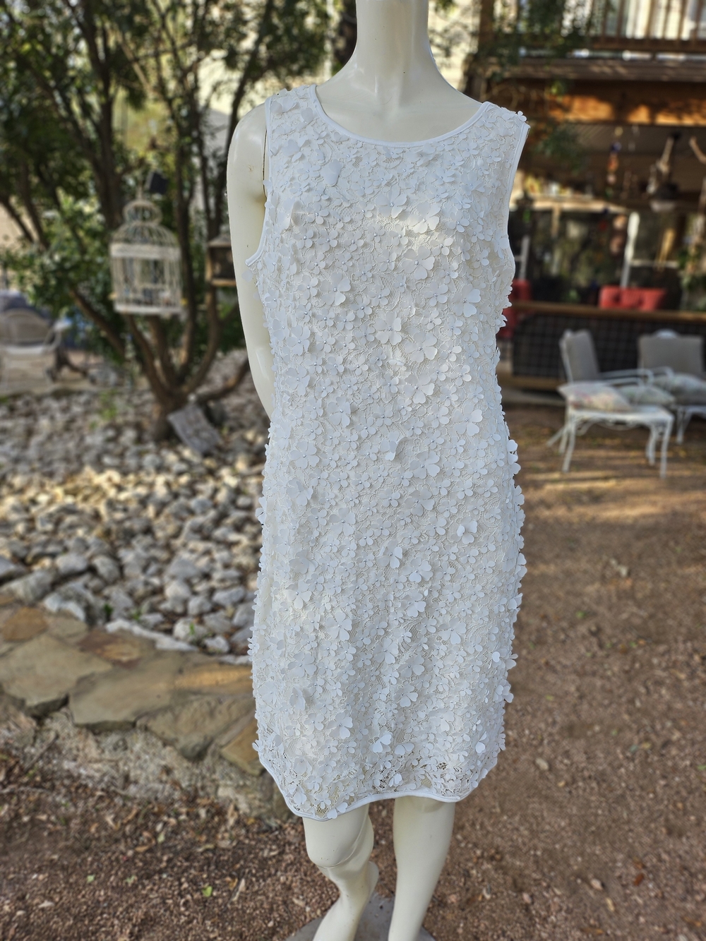 New W Tag Nina Leonard White Applique White Flowers Lace Midi Dress L
